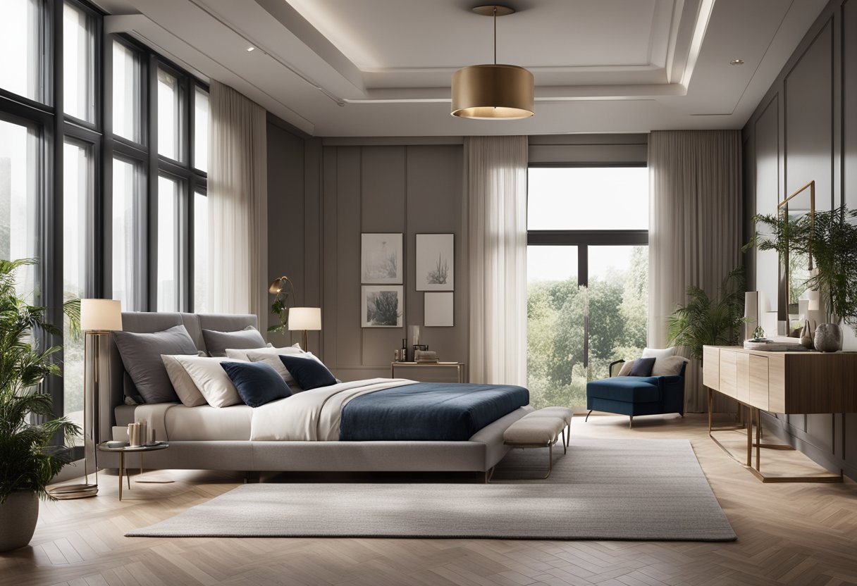 A spacious master bedroom with modern furnishings and large windows, creating a bright and airy atmosphere. The room features a cozy seating area and a luxurious en-suite bathroom