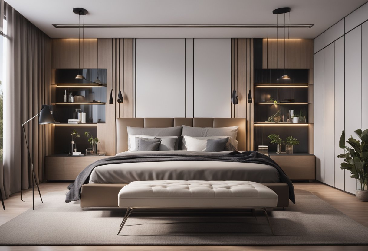 A couple arranges sleek furniture and stylish accessories in a modern master bedroom, balancing elegance and practicality