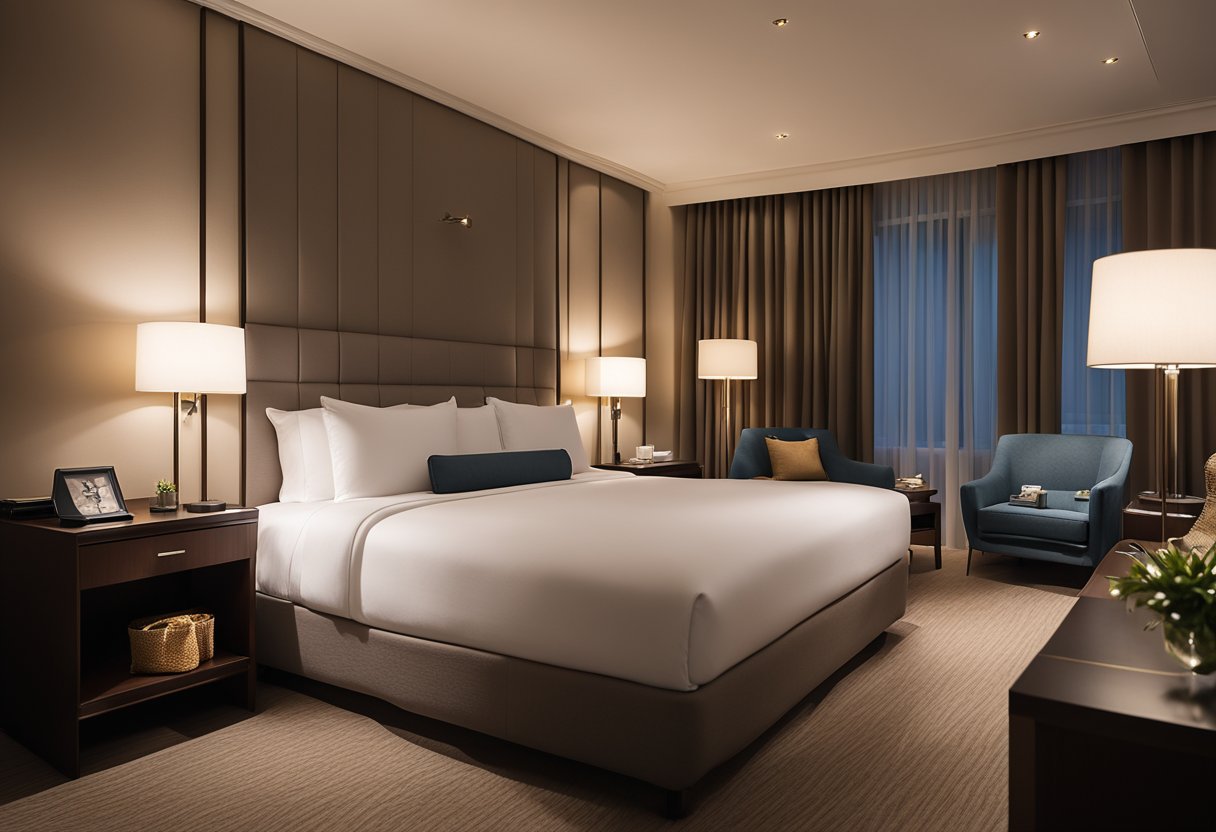 The hotel room features a plush king-sized bed with a tufted headboard, a sleek writing desk with a modern lamp, and a cozy armchair nestled in the corner. The room is bathed in warm, soft lighting, creating a welcoming
