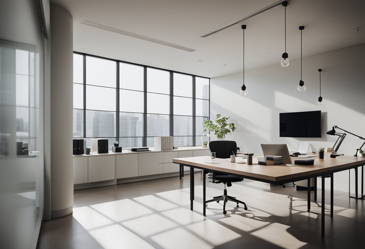 A minimalist office space with clean lines, neutral colors, and natural light pouring in through large windows. A sleek desk and modern furniture create a sophisticated and inviting atmosphere