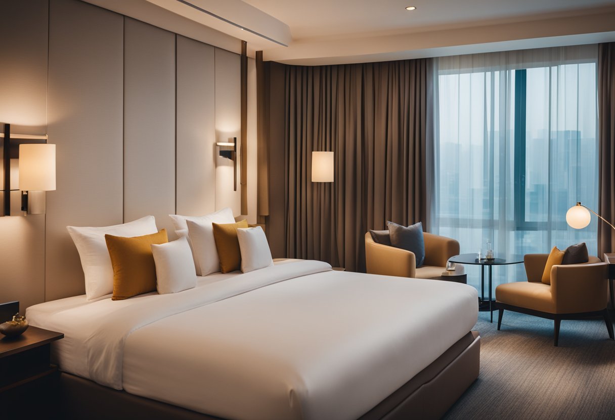 A spacious hotel room with a cozy king-sized bed, soft lighting, and modern furniture arranged for a relaxing and visually pleasing ambiance