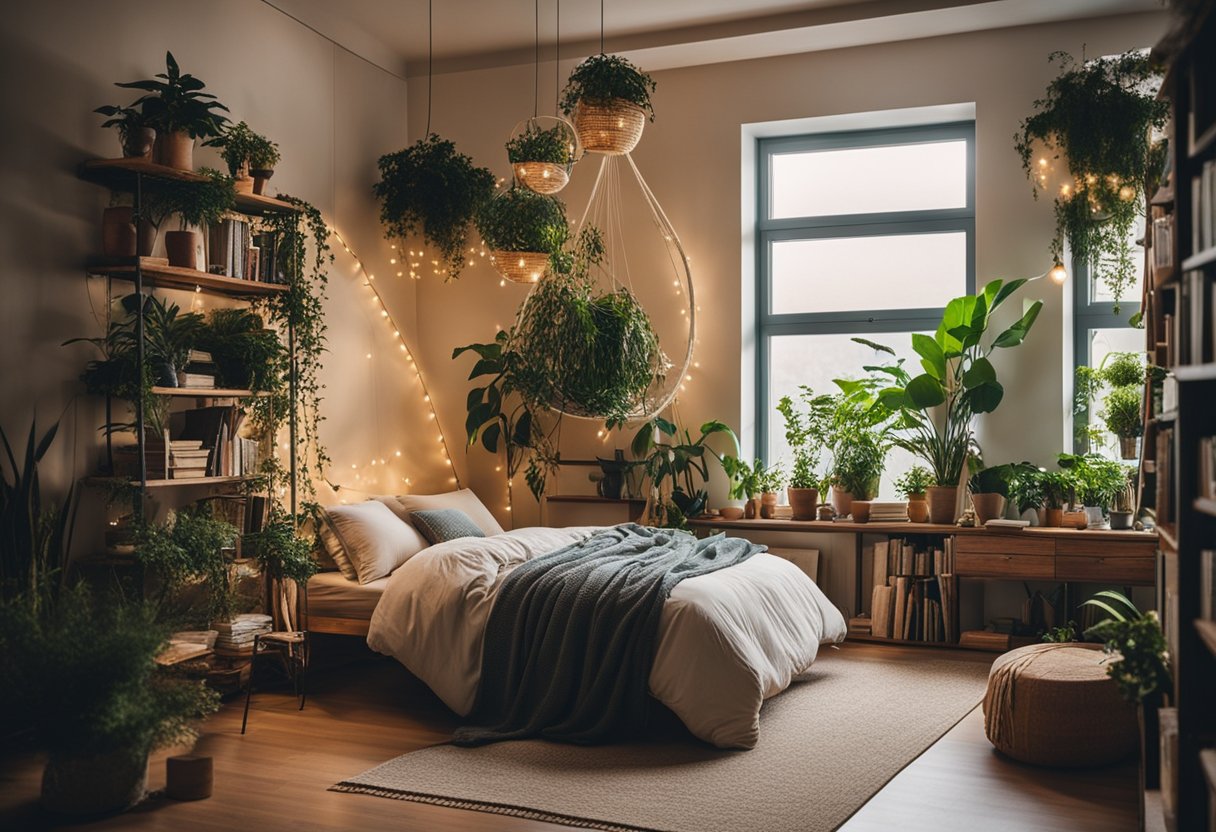 A cozy bedroom with a hanging chair, string lights, and a bookshelf filled with plants and books. A large window lets in natural light, and the walls are adorned with colorful artwork