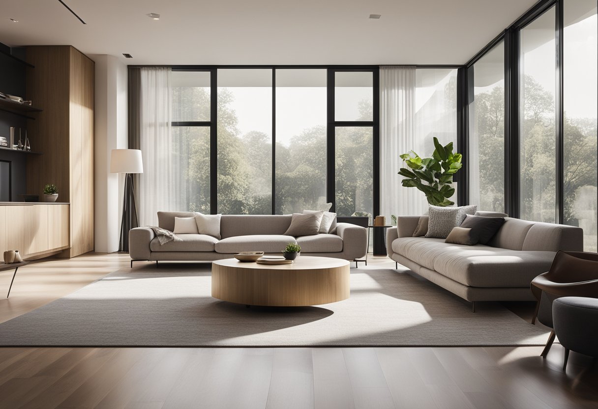 A modern, minimalist living room with clean lines, neutral colors, and natural light pouring in through floor-to-ceiling windows