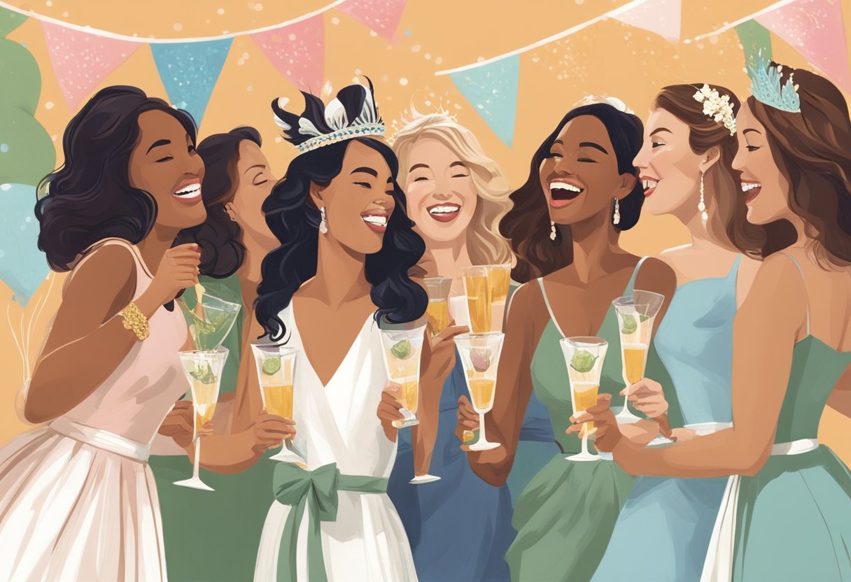 A group of women celebrating with drinks and decorations, one wearing a sash labeled "bride-to-be" and the others with "bridesmaid" sashes. Laughter and camaraderie fill the air