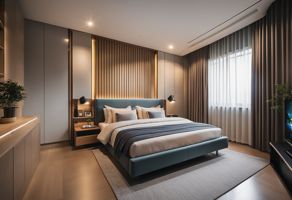 A cozy HDB master bedroom with modern design, featuring a spacious layout, stylish furniture, and ample storage solutions