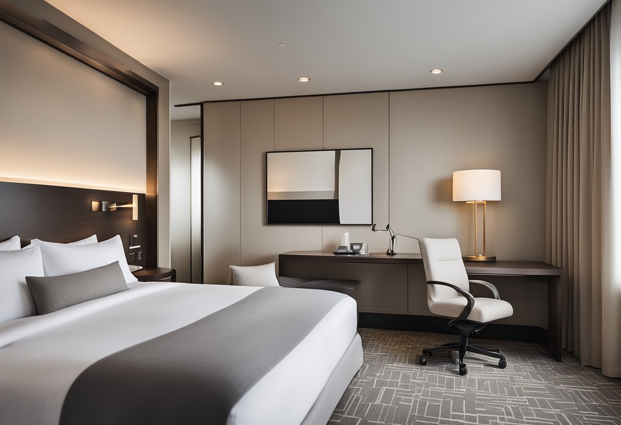 The hotel room features a modern layout with a neutral color scheme, sleek furniture, and ample natural light. The bed is adorned with crisp white linens and a plush throw blanket, while the desk area is equipped with a stylish chair and task lighting