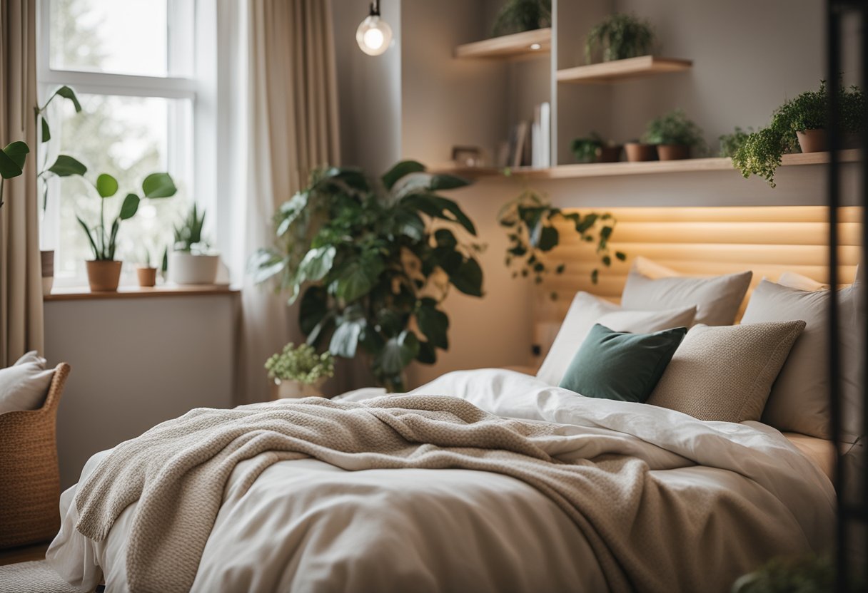 A cozy bedroom with soft, neutral colors, warm lighting, and plush bedding. A reading nook with a comfortable chair and a small table. Plants and natural elements throughout the room for a calming atmosphere