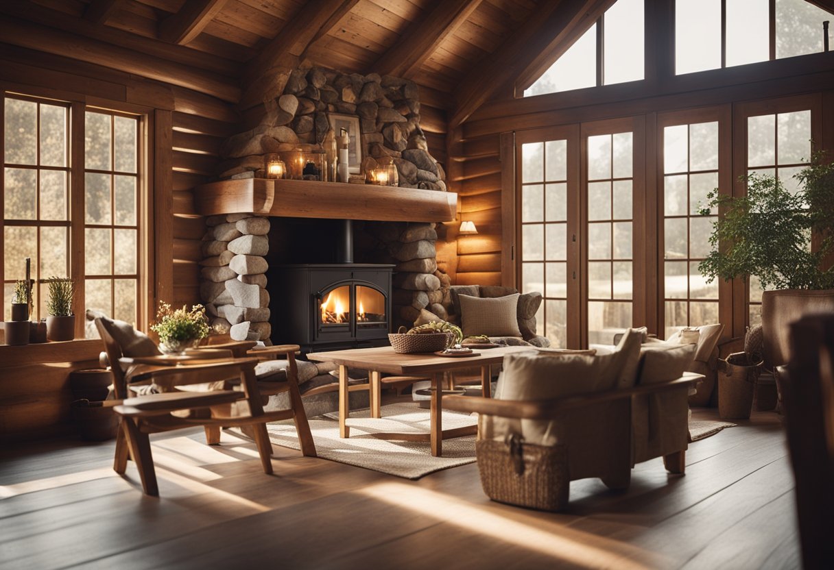 A cozy wooden cottage interior with a stone fireplace, rustic wooden furniture, and warm earthy tones. Sunlight streams in through the windows, casting a soft glow on the cozy space