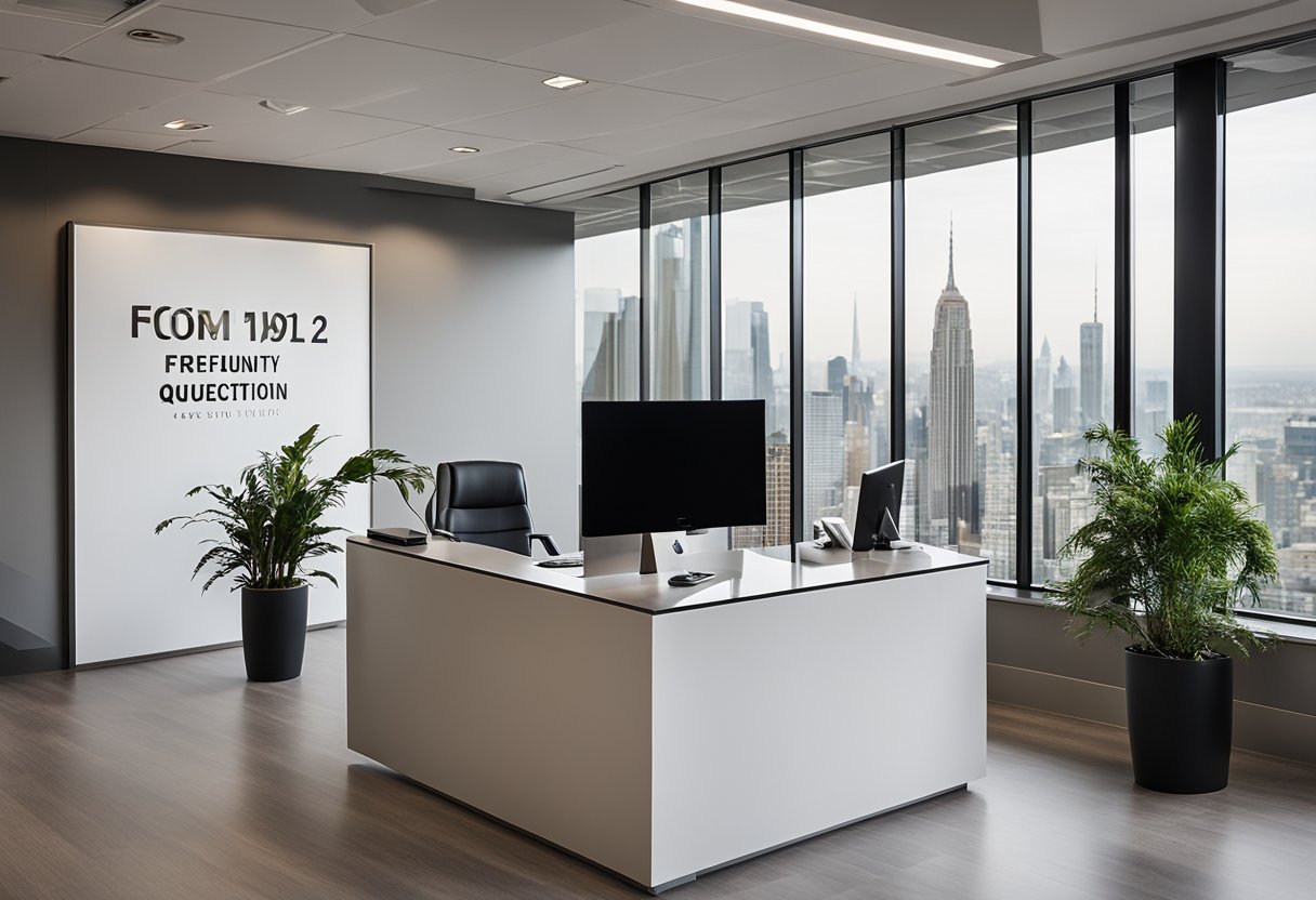 A modern office with sleek furniture, plants, and a large window overlooking a city skyline. A reception desk with a sign "Frequently Asked Questions north interior design" is visible