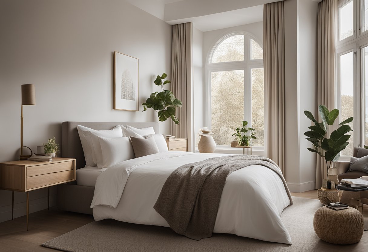 A cozy bedroom with a neutral color scheme, a plush bed with crisp white linens, a sleek desk with a modern lamp, and a large window letting in natural light