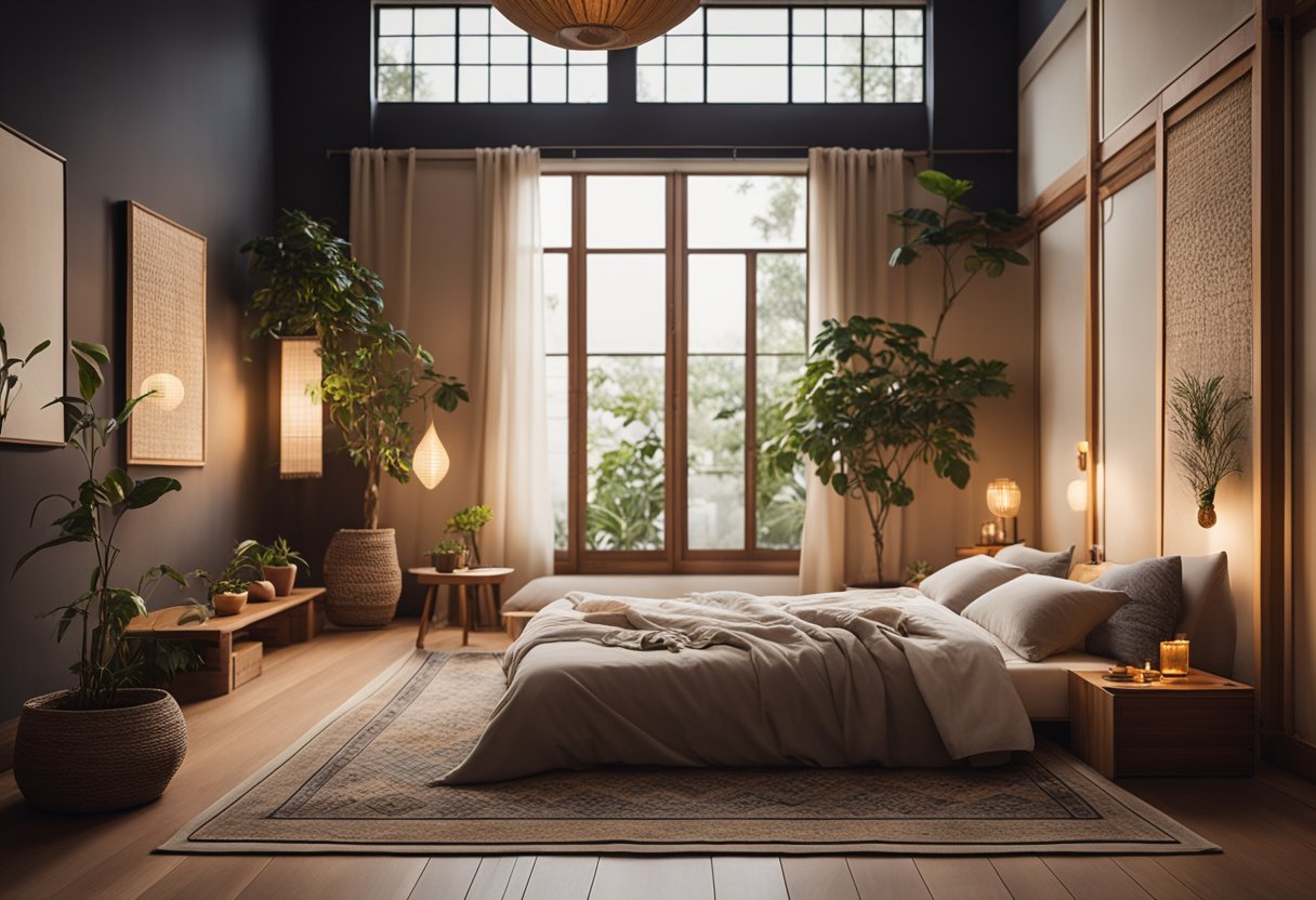 A cozy bedroom with a Moroccan rug, Japanese shoji screen, Indian tapestries, and Scandinavian furniture. Warm lighting and plants create a relaxed atmosphere