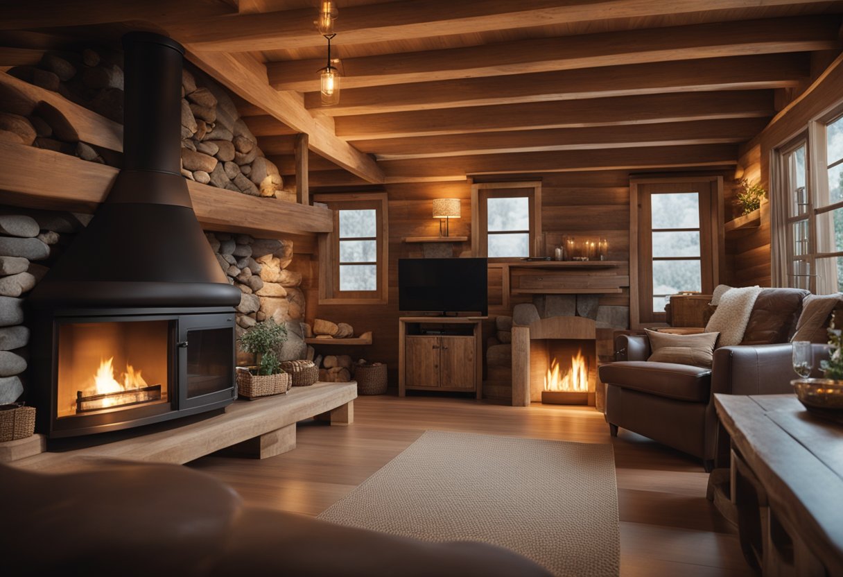 A cozy wooden cottage interior with rustic furniture, a stone fireplace, and warm lighting