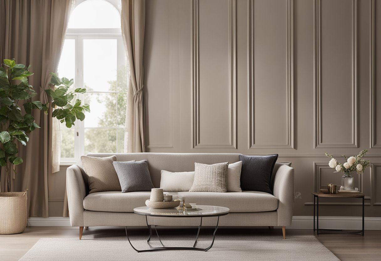 A cozy living room with taupe walls, a plush taupe sofa, and accent pillows in shades of cream and gray. A large window lets in natural light, highlighting the warmth of the neutral color palette