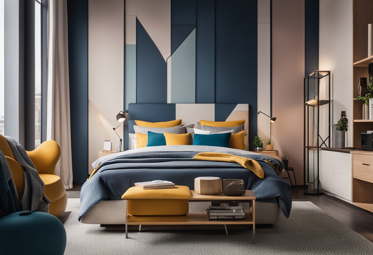 A modern bedroom with bold colors, geometric patterns, and sleek furniture. A wall-mounted shelf displays decorative items. A cozy reading nook with a bean bag chair and floor lamp