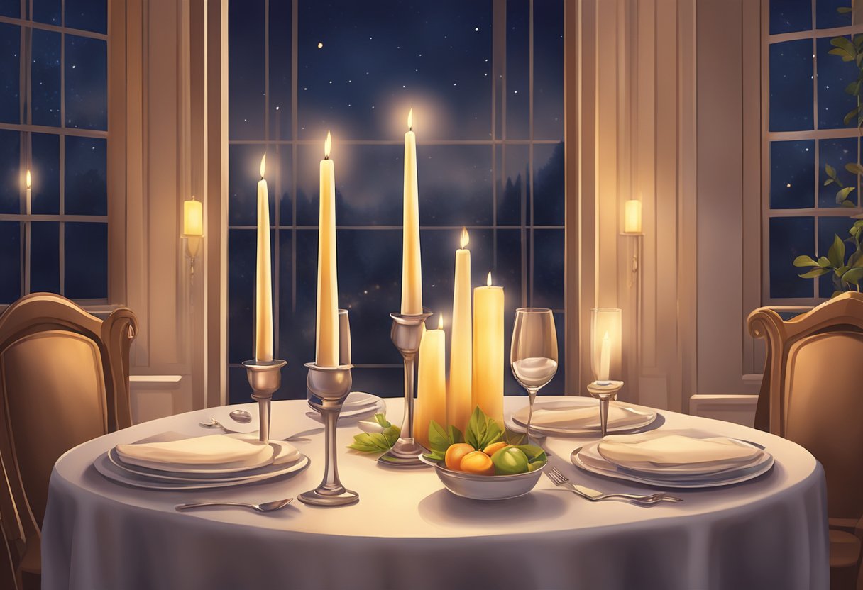A cozy, candlelit table set for two in a charming, intimate venue with soft lighting and elegant decor