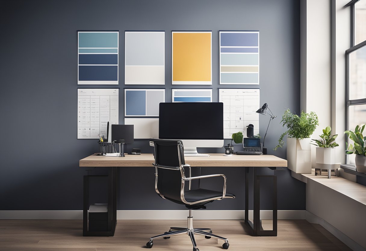 An organized desk with a computer, blueprint, and color swatches. A completed interior design project displayed on the wall