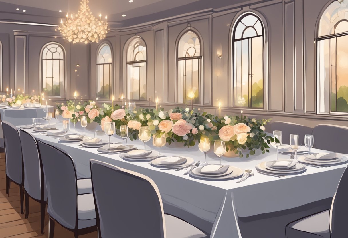 A beautifully set table with elegant place settings and floral centerpieces, surrounded by twinkling lights and cozy seating in a charming and intimate venue