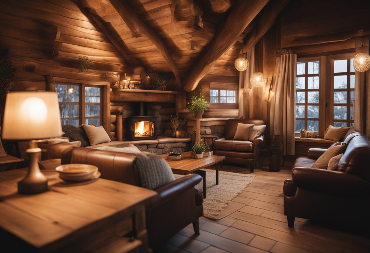 A cozy wooden cottage interior with rustic furniture, a crackling fireplace, and warm lighting