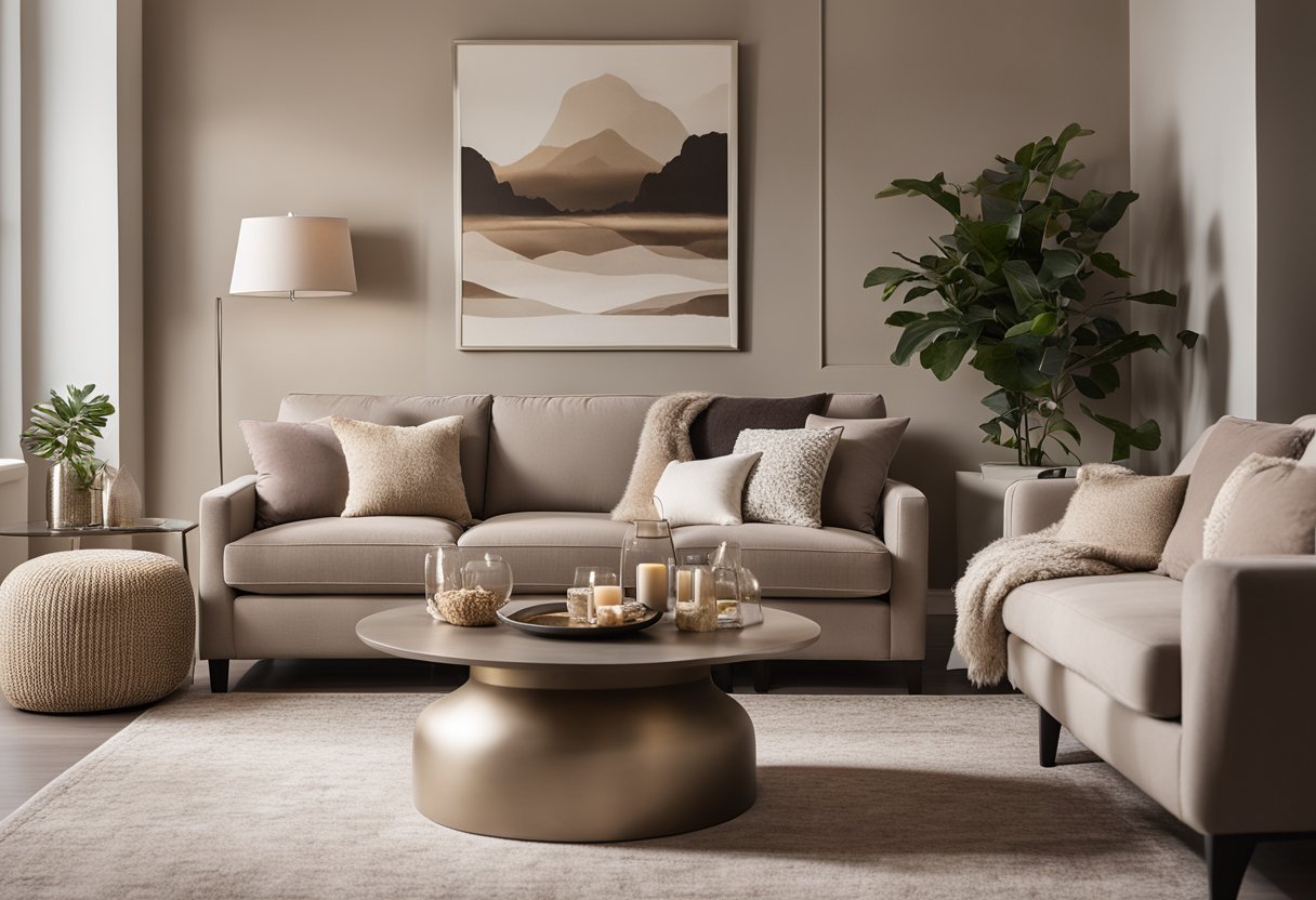 A cozy living room with taupe walls, a plush taupe sofa, and accent pillows in shades of taupe and cream. A soft, neutral rug and warm lighting complete the inviting space