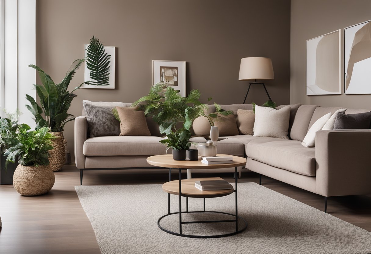 A cozy living room with taupe walls, a plush sofa, and a sleek coffee table. Soft lighting and potted plants add warmth to the modern space