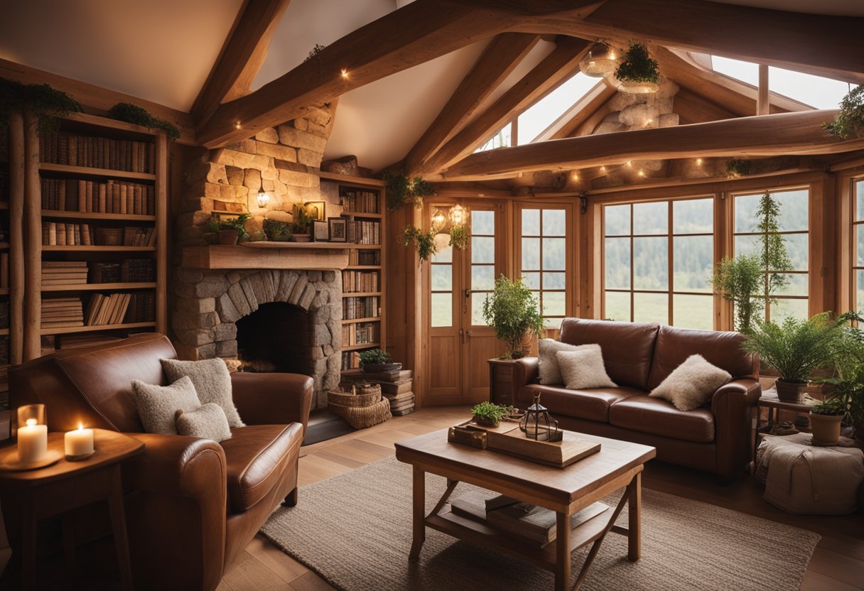 A cozy wooden cottage interior with warm lighting, rustic furniture, and a fireplace. Books and plants adorn the shelves, while a comfortable seating area invites relaxation