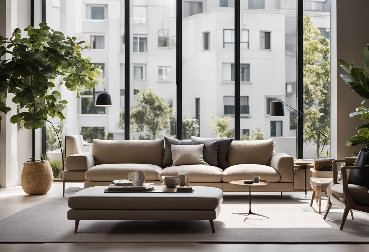 A modern living room with minimalist furniture, clean lines, and neutral colors. Large windows let in natural light, highlighting the sleek and functional design