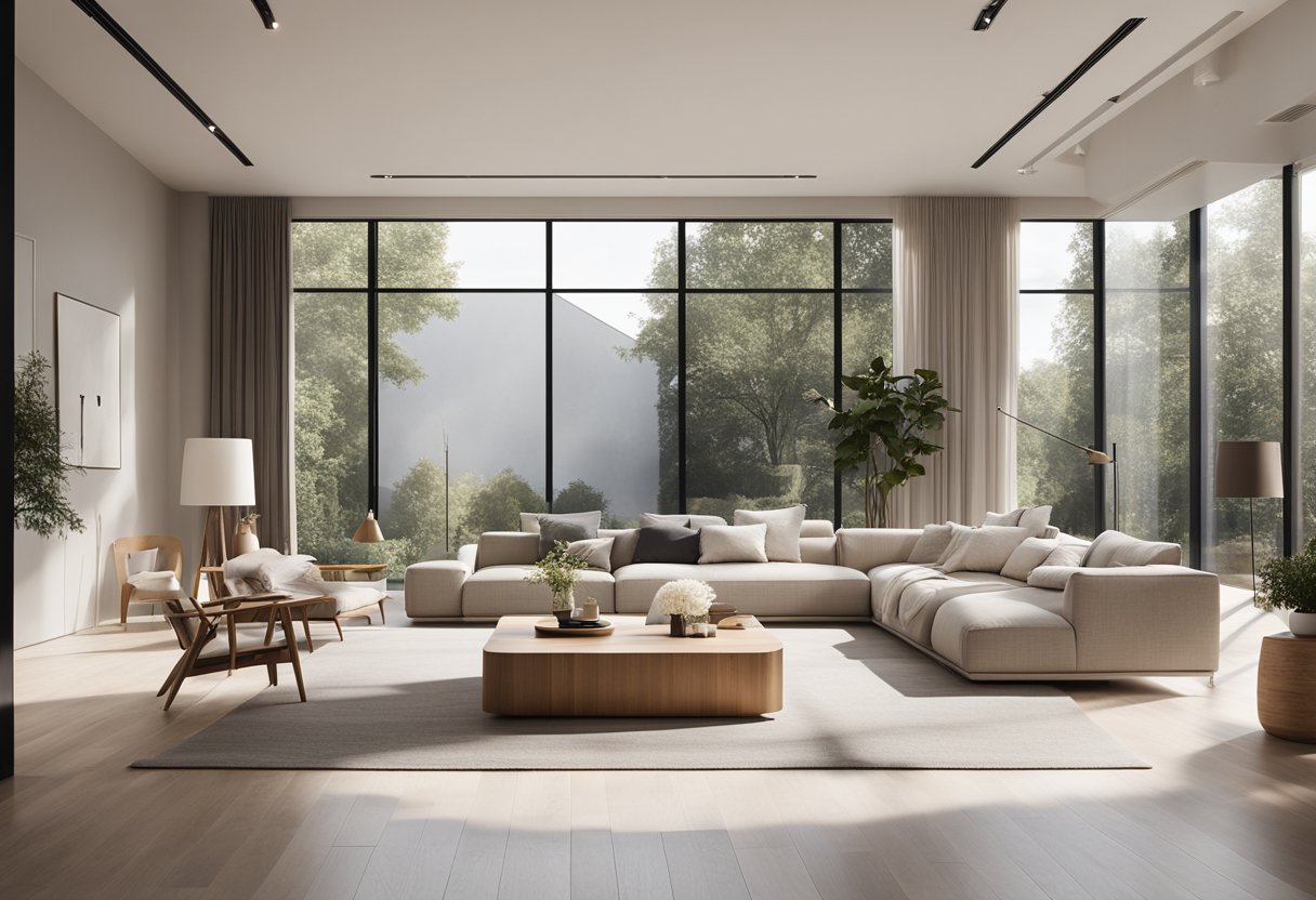 A modern, minimalist living room with clean lines, neutral colors, and natural materials. Large windows let in an abundance of natural light, creating a bright and airy atmosphere