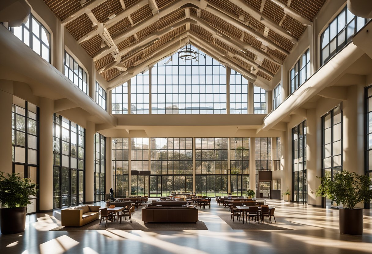 The Stanford University interior features modern furniture, high ceilings, and large windows with natural light
