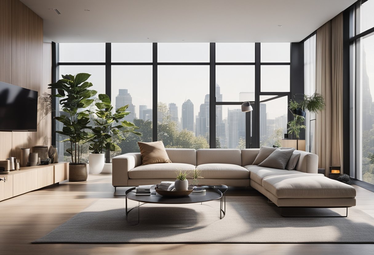 A modern living room with sleek furniture, a neutral color palette, and large windows letting in natural light