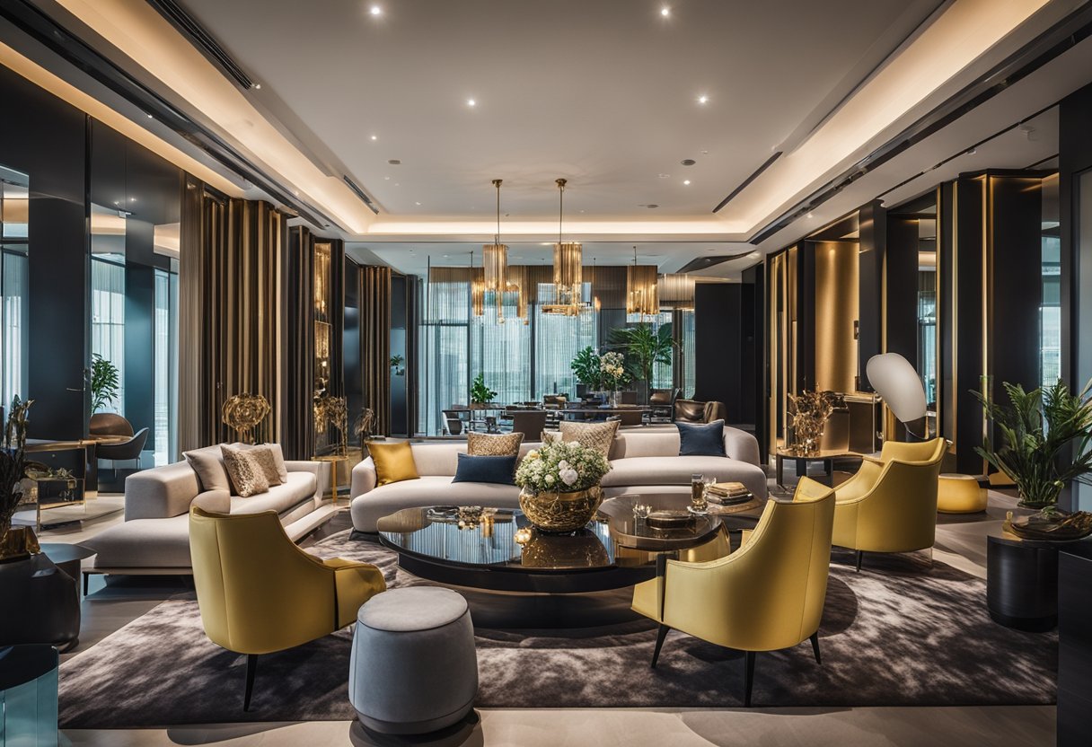 Luxurious modern furniture, sleek lines, and vibrant color palettes fill the spacious and elegant showroom of a top interior design firm in Bangkok
