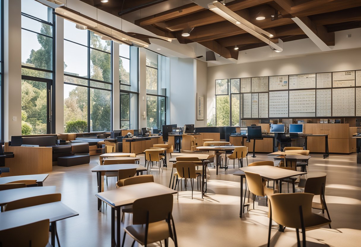 The Stanford University interior design features academic programs and curriculum displayed in modern, well-lit classrooms and study areas
