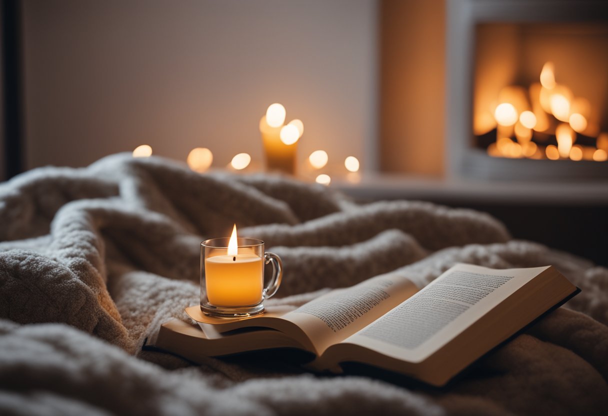 A crackling fire warms the room, casting a soft glow on the plush pillows and warm blankets. A book lies open on the nightstand, inviting relaxation