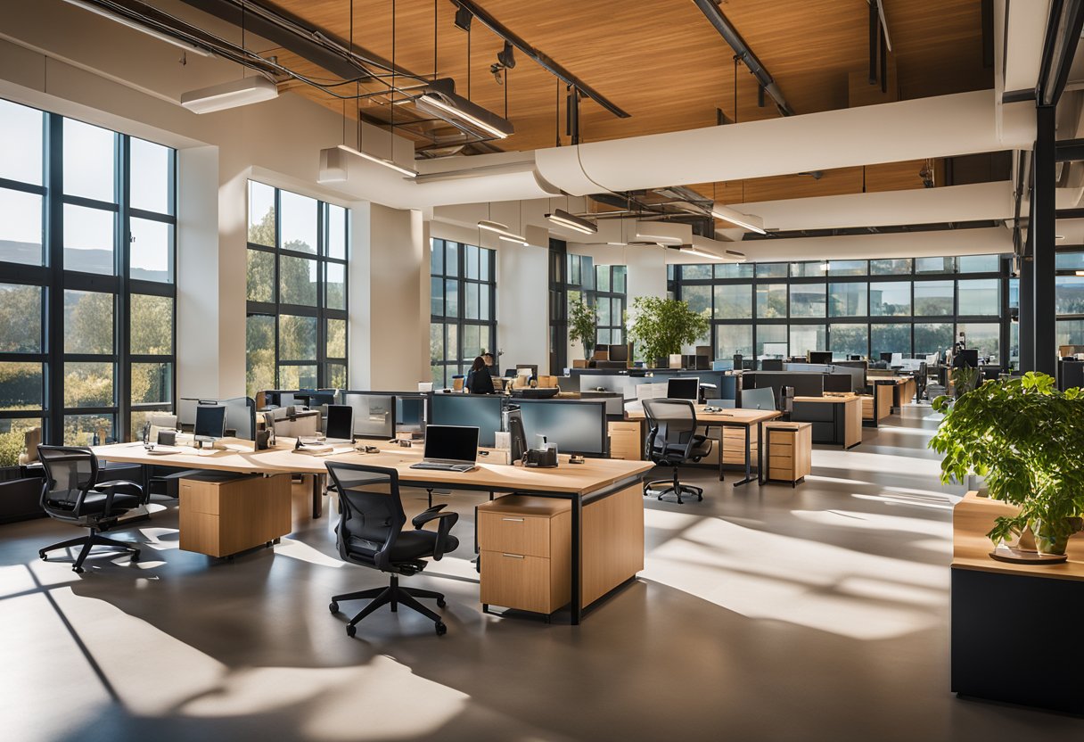 The Stanford University design and innovation ecosystem is depicted with modern furniture, bright lighting, and collaborative workspaces
