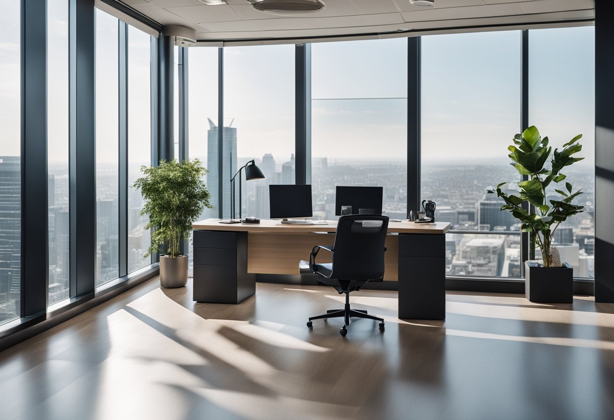 A modern, sleek office space with a panoramic view of a bustling city market. Clean lines, neutral colors, and natural light create a professional yet inviting atmosphere