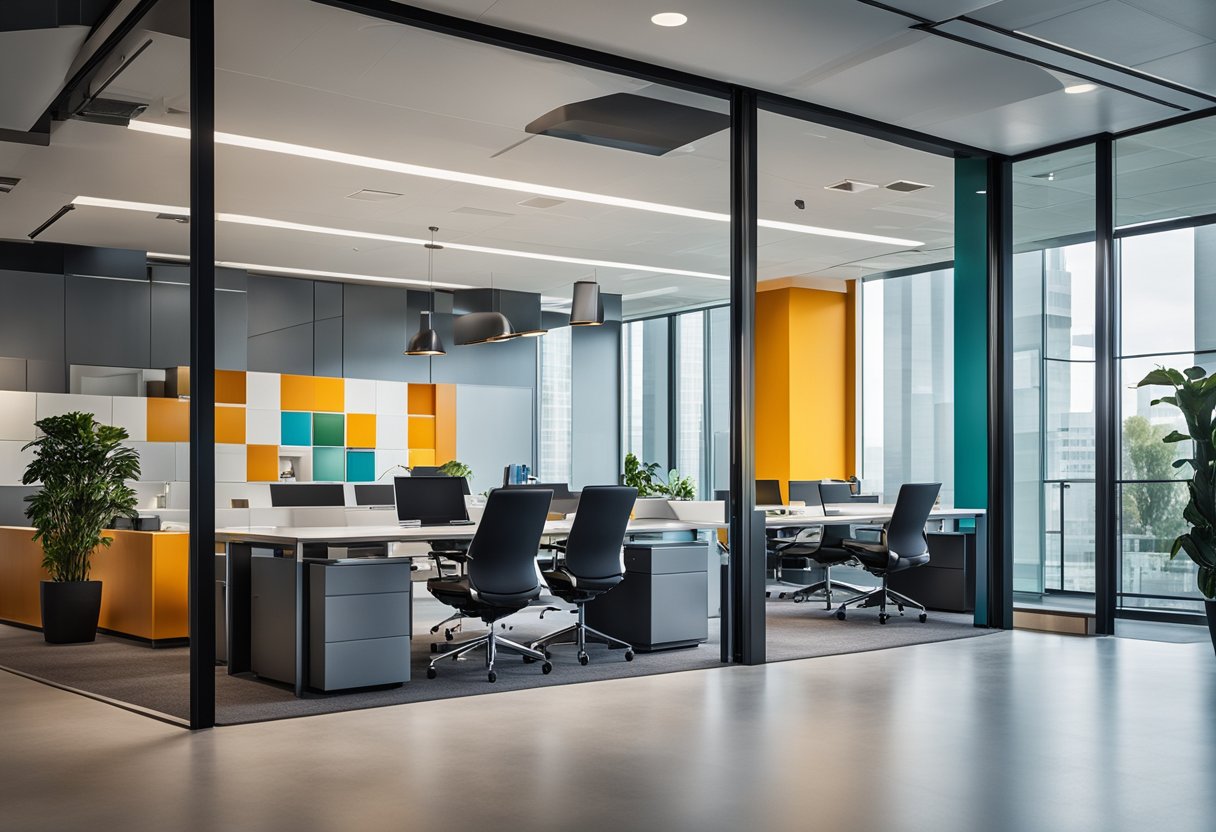 A sleek, modern office space with floor-to-ceiling windows, designer furniture, and vibrant color accents. The firm's logo prominently displayed on the wall