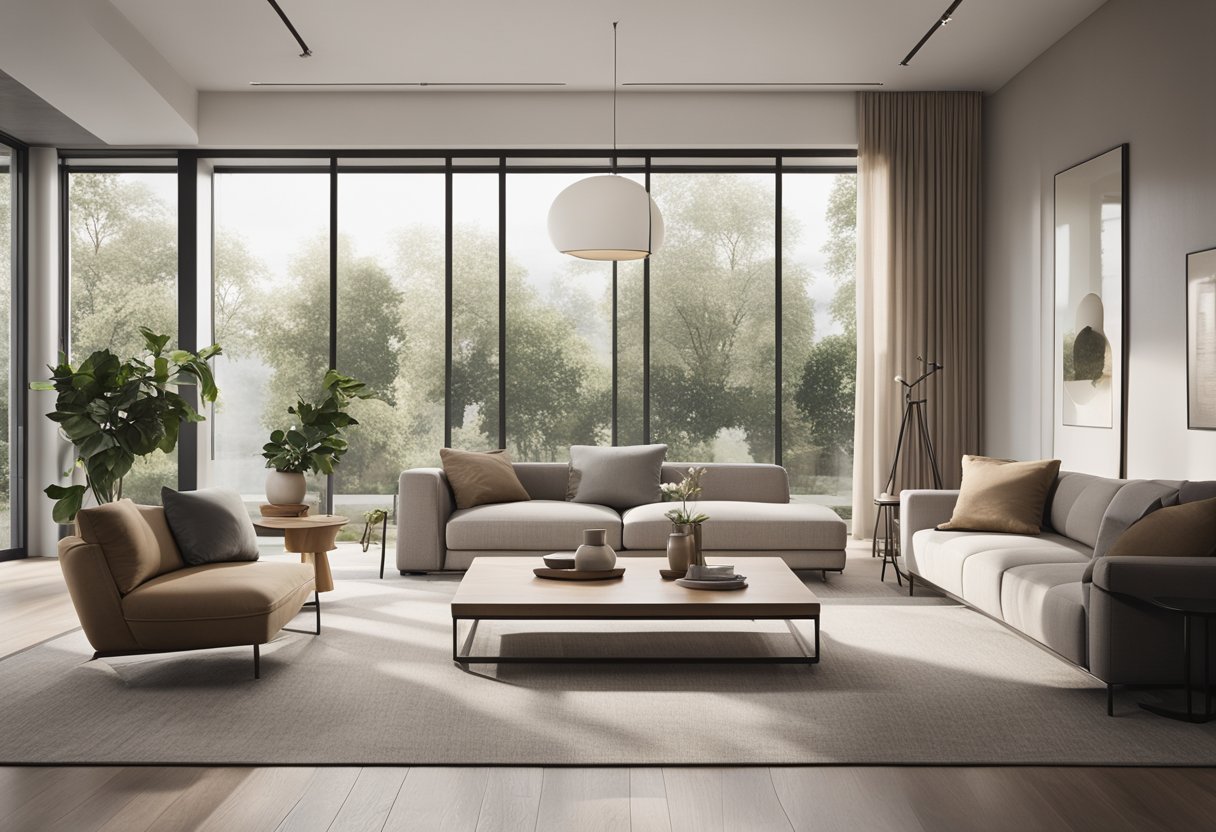 A modern living room with clean lines, neutral colors, and minimalistic furniture. Large windows allow natural light to fill the space, creating a sense of openness and tranquility
