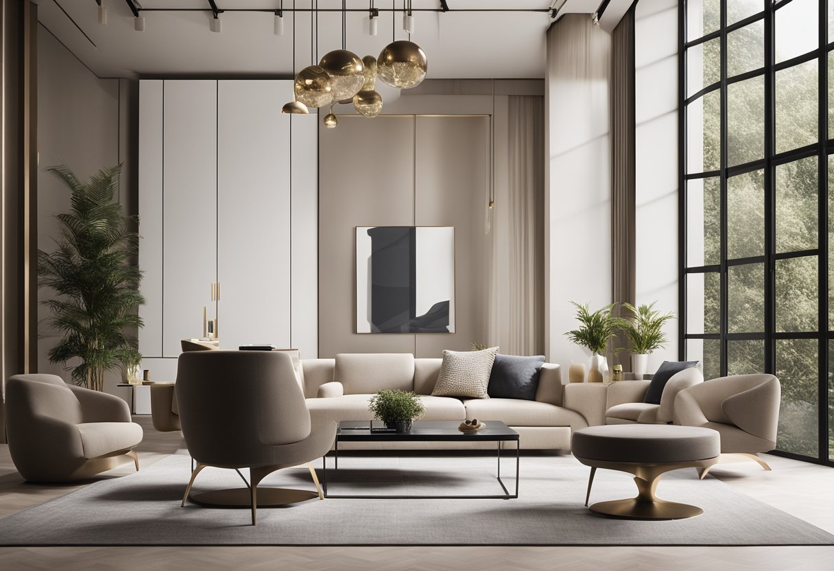 The scene features sleek furniture and modern decor from top interior design brands. Clean lines, neutral colors, and high-quality materials create a sophisticated and elegant atmosphere