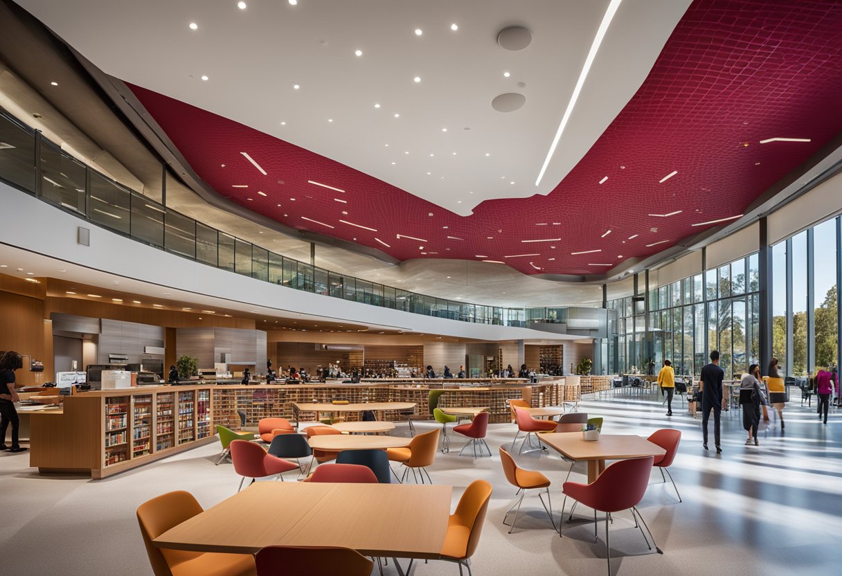 The Stanford University interior design features modern furnishings, vibrant colors, and ample natural light. A large FAQ sign is prominently displayed, surrounded by students and faculty seeking information