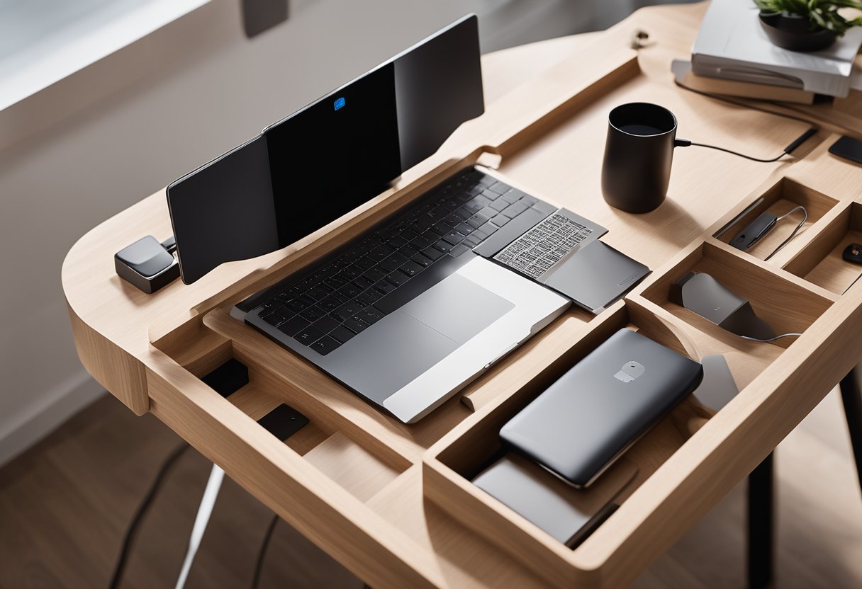 A sleek, minimalist study table with built-in storage compartments and a built-in charging station. The table is made of a combination of wood and metal, with clean lines and a contemporary design