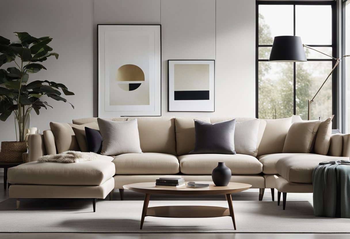 A modern, minimalist living room with sleek furniture and bold accent pieces. Clean lines and a neutral color palette create a sense of calm and sophistication