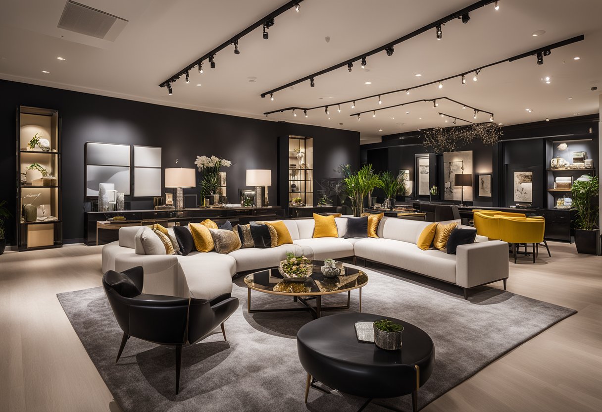 A stylish showroom displays top interior design brands' furniture and decor. Bright spotlighting highlights sleek, modern pieces arranged in elegant vignettes