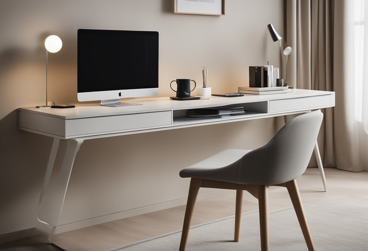 A sleek, minimalist study table with integrated storage and built-in charging ports sits against a backdrop of neutral tones and clean lines in a modern bedroom