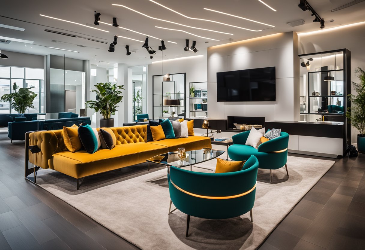 A sleek, modern showroom featuring cutting-edge furniture and decor from leading interior design brands. Vibrant colors and clean lines create a dynamic, stylish atmosphere