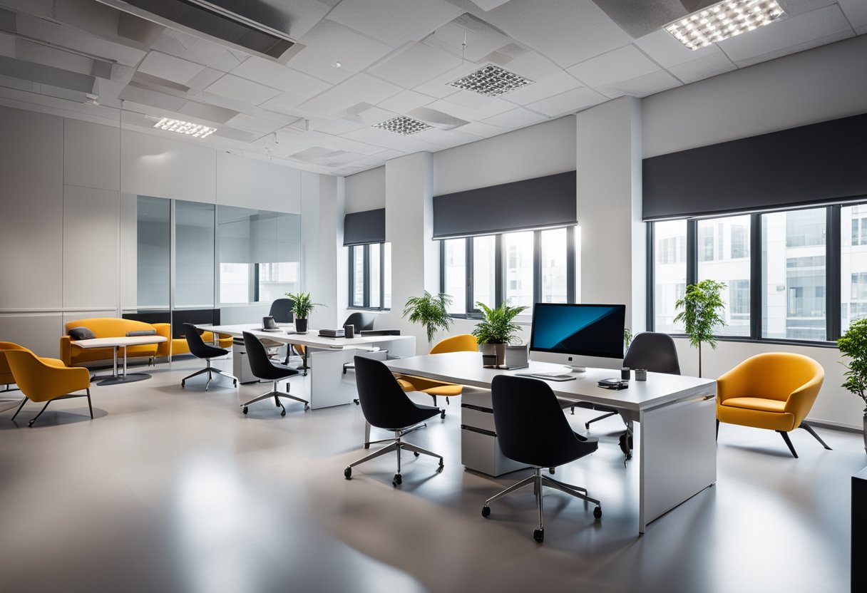 A sleek, modern office space with stylish furniture and vibrant accent colors. Clean lines and minimalist design create a sense of sophistication and professionalism