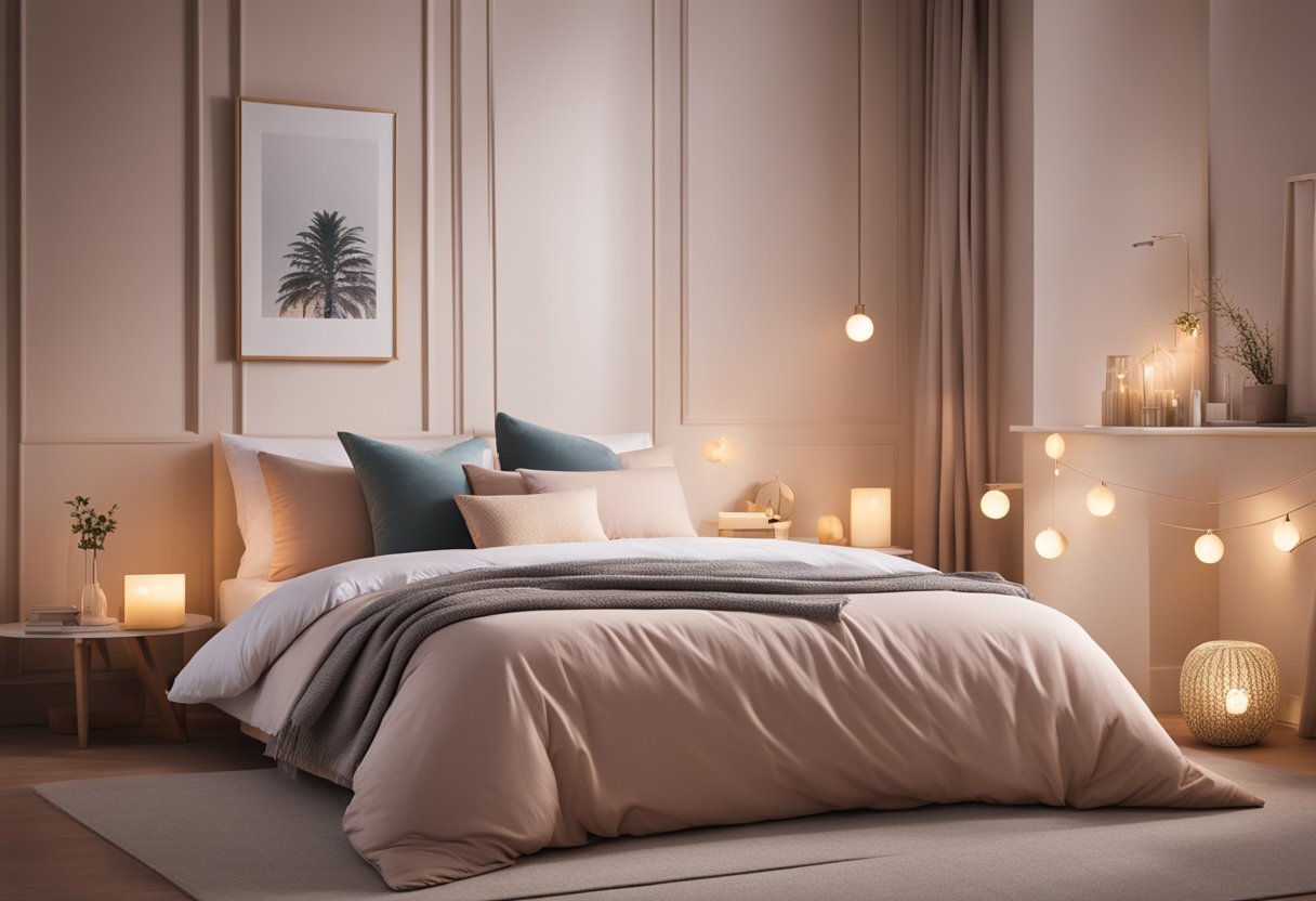A warm, inviting bedroom with soft lighting, plush bedding, and a cozy reading nook. Subtle pastel colors and a scattering of throw pillows add to the tranquil atmosphere