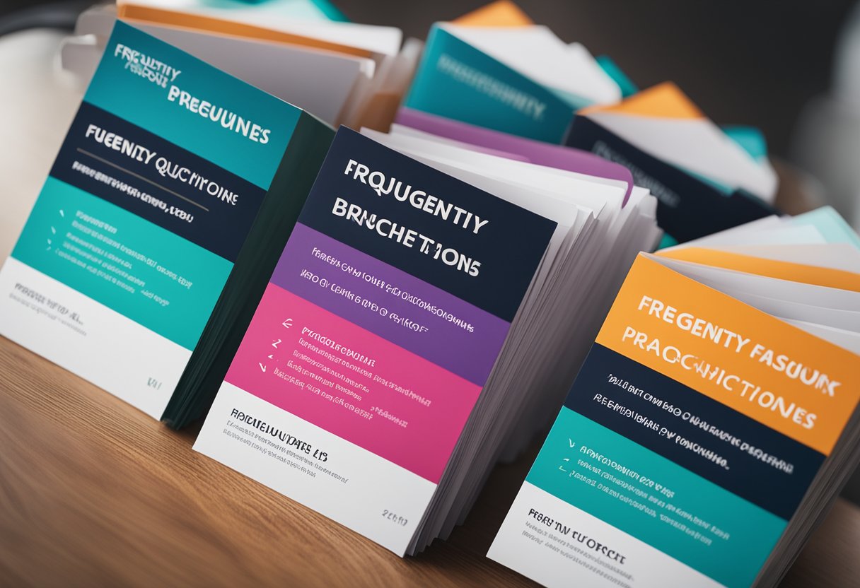 A stack of colorful brochures with "Frequently Asked Questions" on top, surrounded by sleek, modern furniture and decor