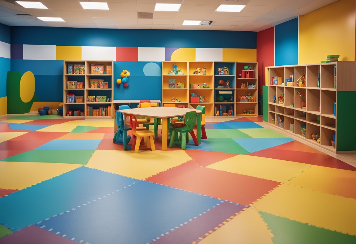 Brightly colored walls and floors with alphabet and number decals. Small tables and chairs, shelves filled with books and educational toys. Play area with soft mats and climbing structures