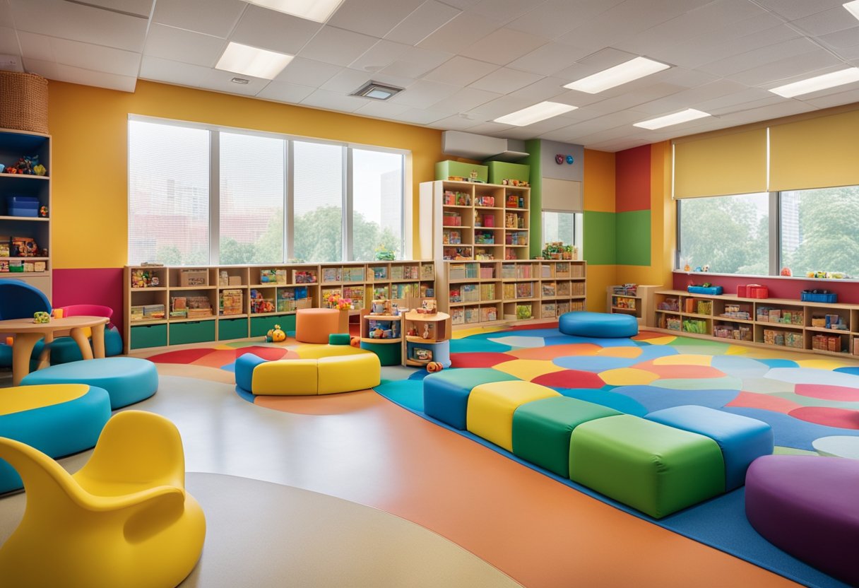 Brightly colored play area with soft, cushioned flooring, low tables and chairs, shelves filled with educational toys, and large windows letting in natural light