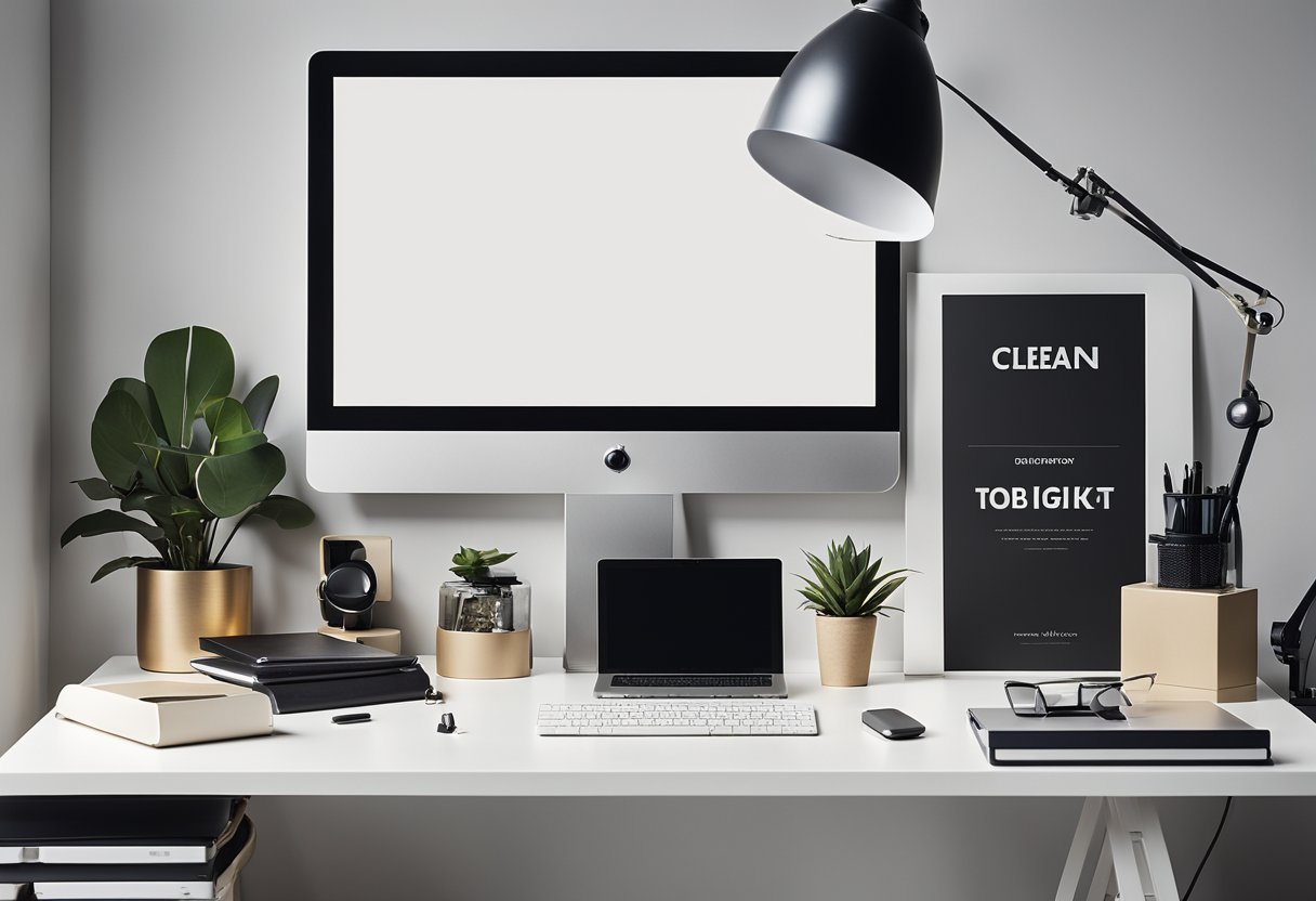 A clean, modern workspace with a title block on a desk, surrounded by design tools and materials. Bright lighting and a minimalist color palette create a professional atmosphere