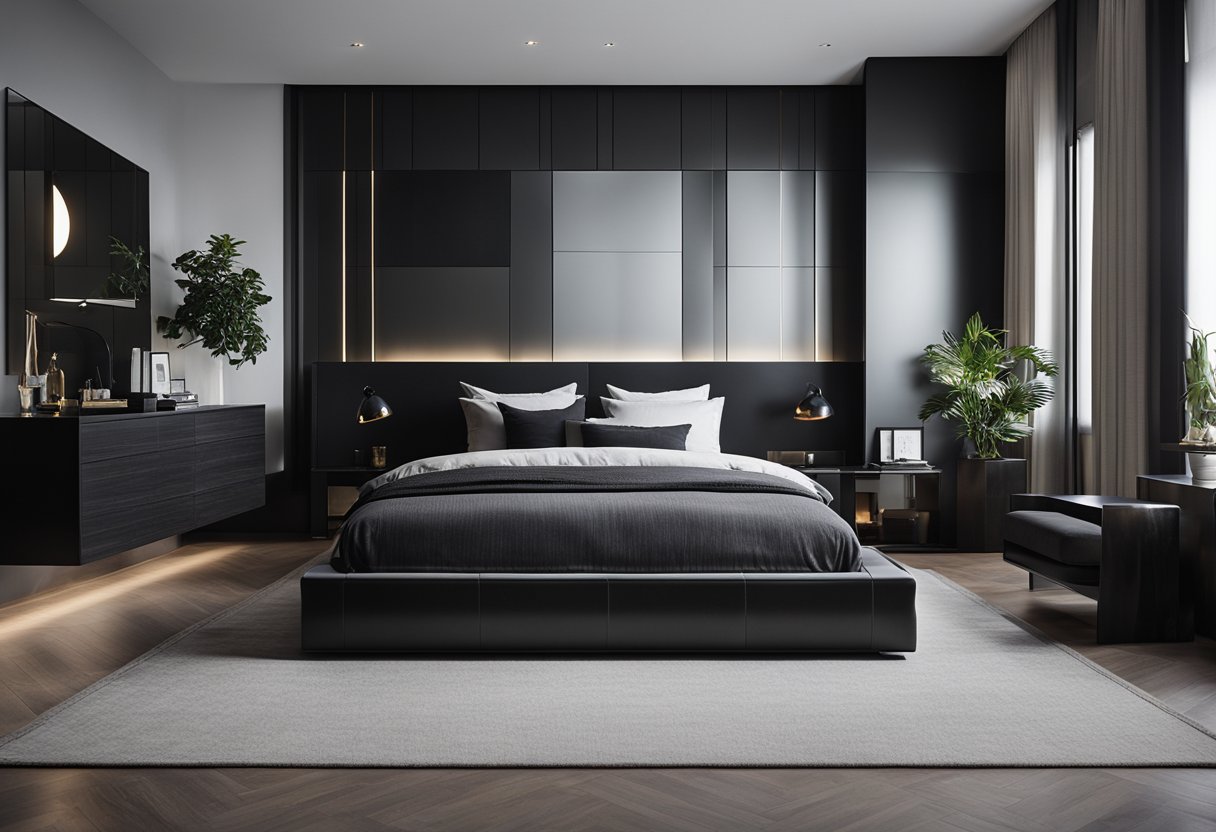 A sleek black modern bedroom with minimalist furniture and geometric accents